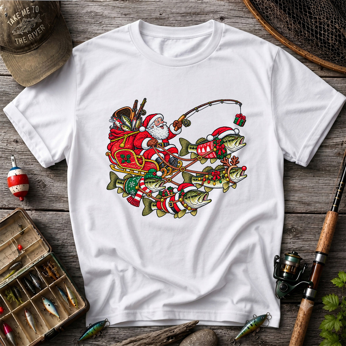 Santa Pulling Festive Bass Fishing Graphic T-Shirt