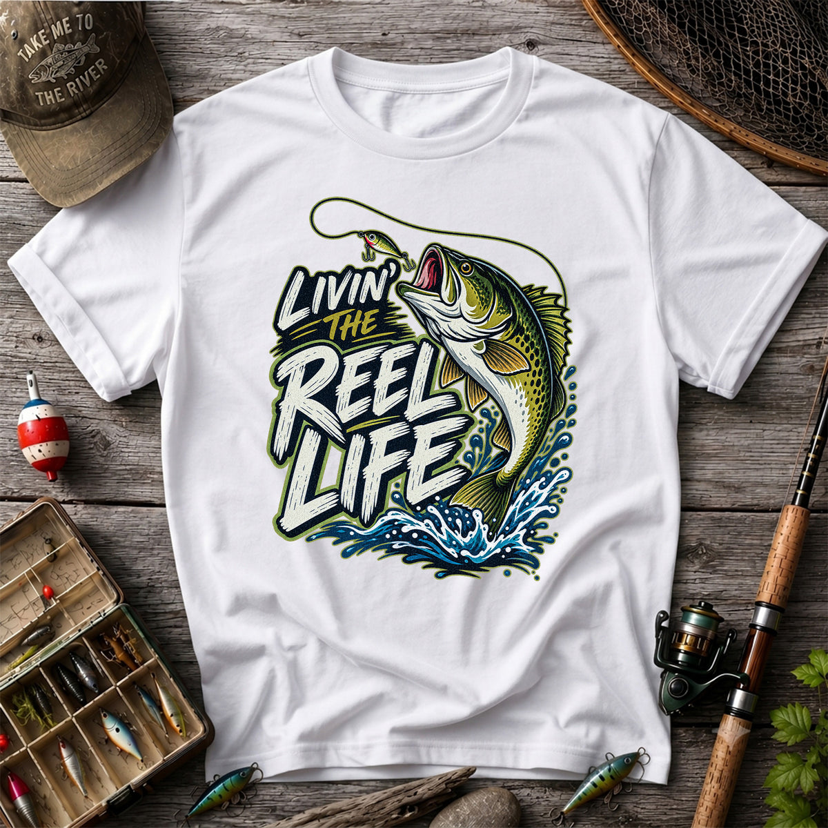 Livin' the Reel Life Jumping Bass Fishing Graphic T-Shirt