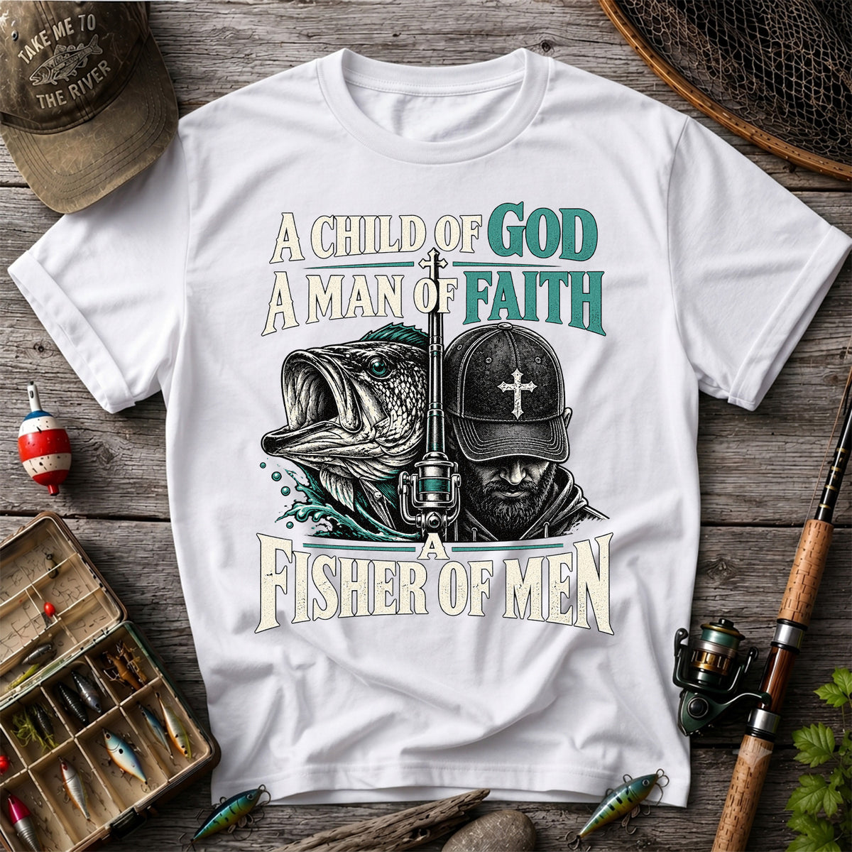 A Child of God A Man of Faith A Fisher of Men Bass Fishing T-Shirt