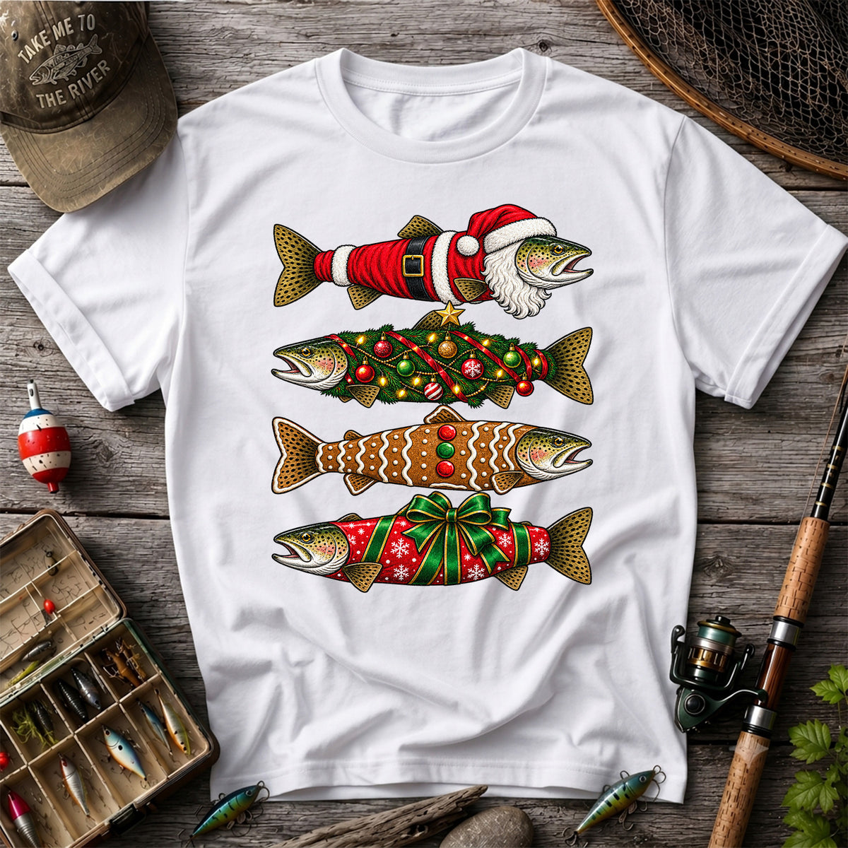 Festive Christmas Trout Santa and Gingerbread Fishing T-Shirt