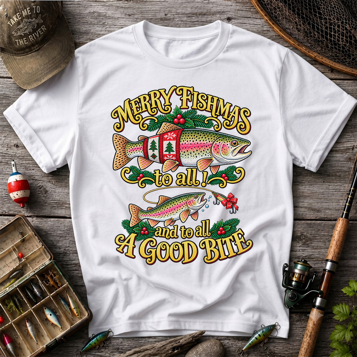 Merry Fishmas to All and to All a Good Bite Rainbow Trout Christmas Fishing T-Shirt