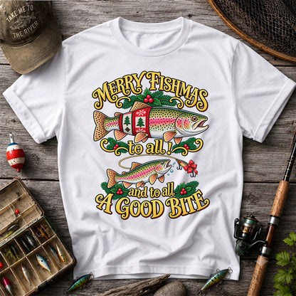 Merry Fishmas to All and to All a Good Bite Rainbow Trout Christmas Fishing T-Shirt