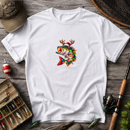 Christmas Bass with Santa Hat, Antlers and Holiday Lights Fishing T-Shirt