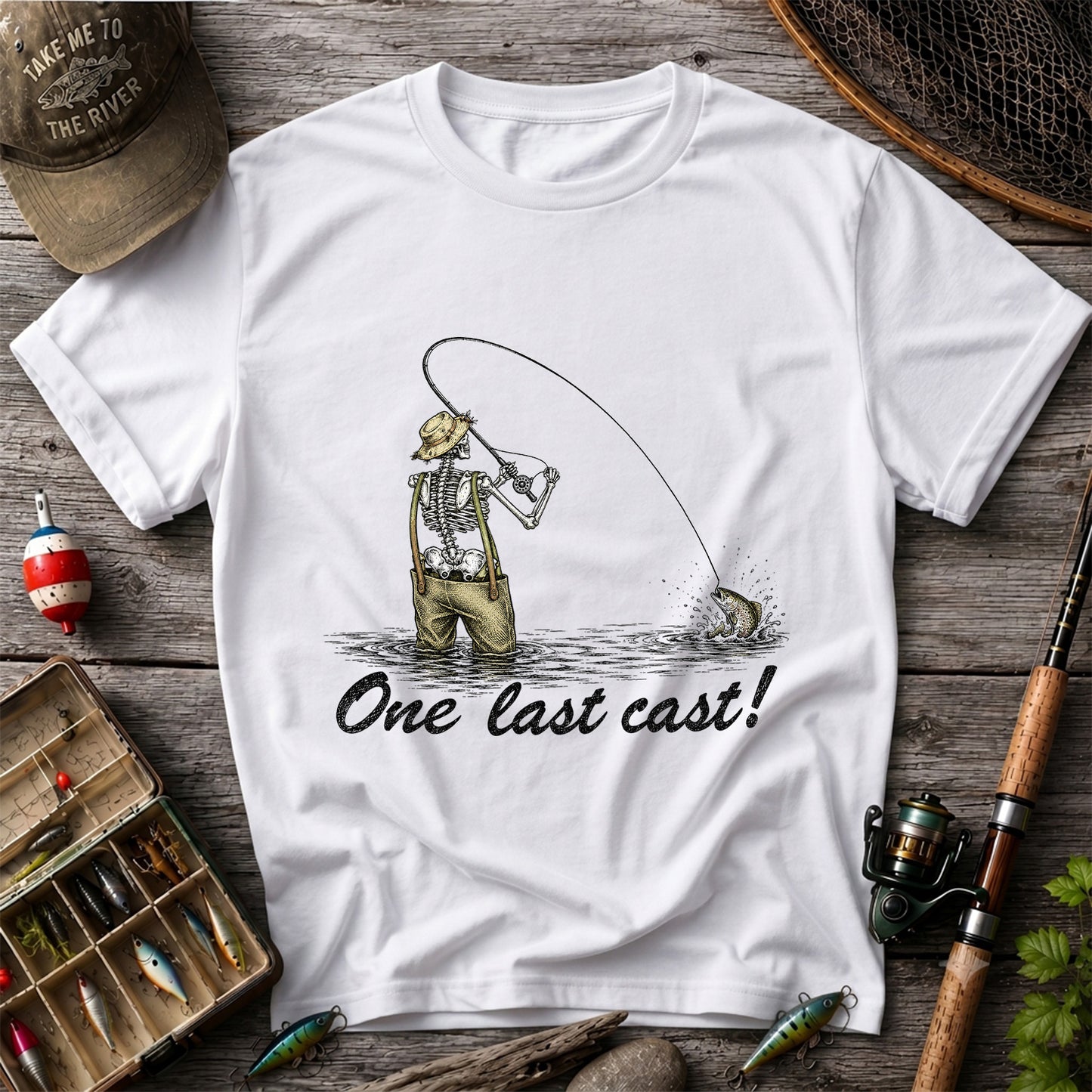 One Last Cast Skeleton Angler Fishing Graphic T-Shirt