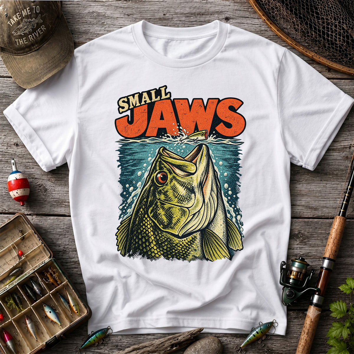 Small Jaws Bass Chasing a Fishing Lure Retro Graphic T-Shirt