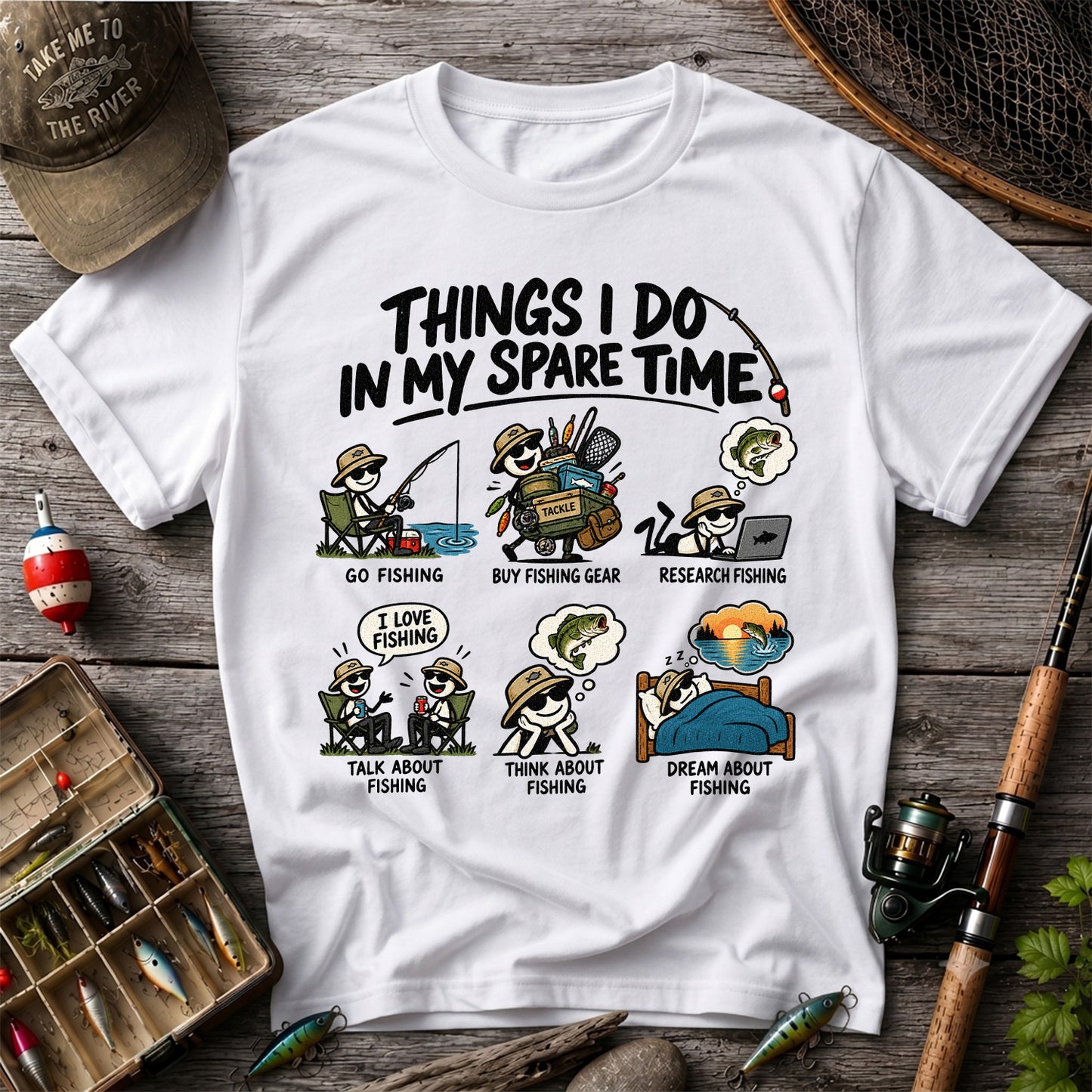 Things I Do in My Spare Time Funny Cartoon Angler Fishing T-Shirt