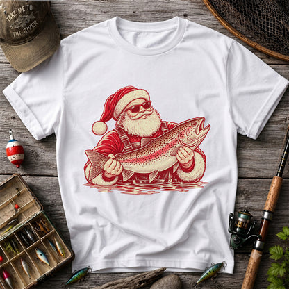 Santa Holding Trout Christmas Fishing Graphic T-Shirt