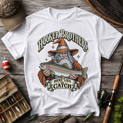 Hooker Brothers Here Lies the Catch Wizard Trout Fishing T-Shirt