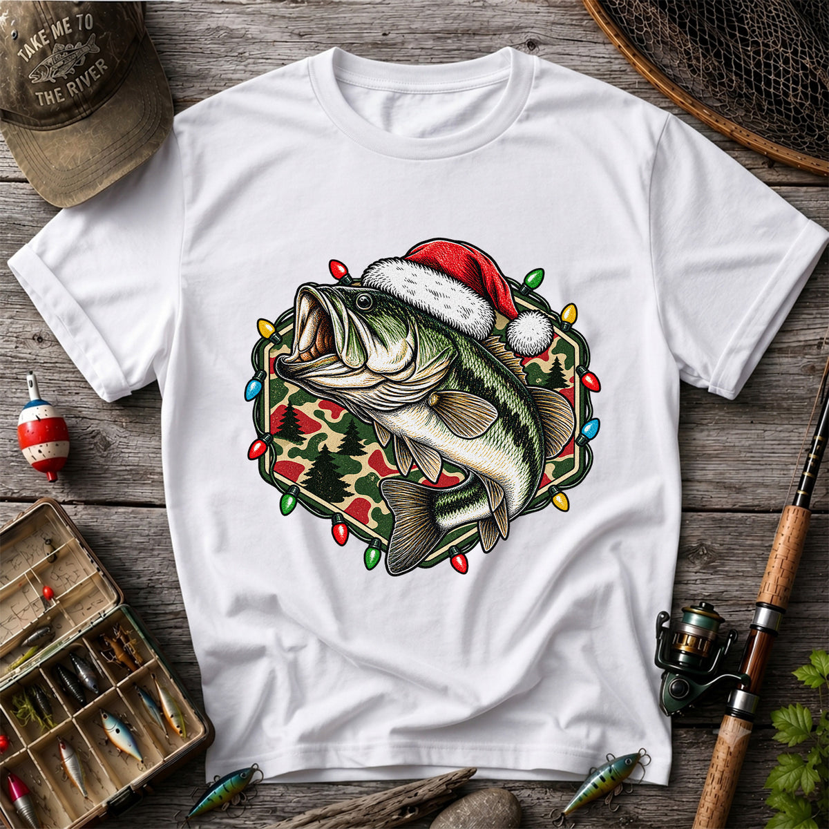 Santa Hat Largemouth Bass Christmas Fishing Graphic T-Shirt