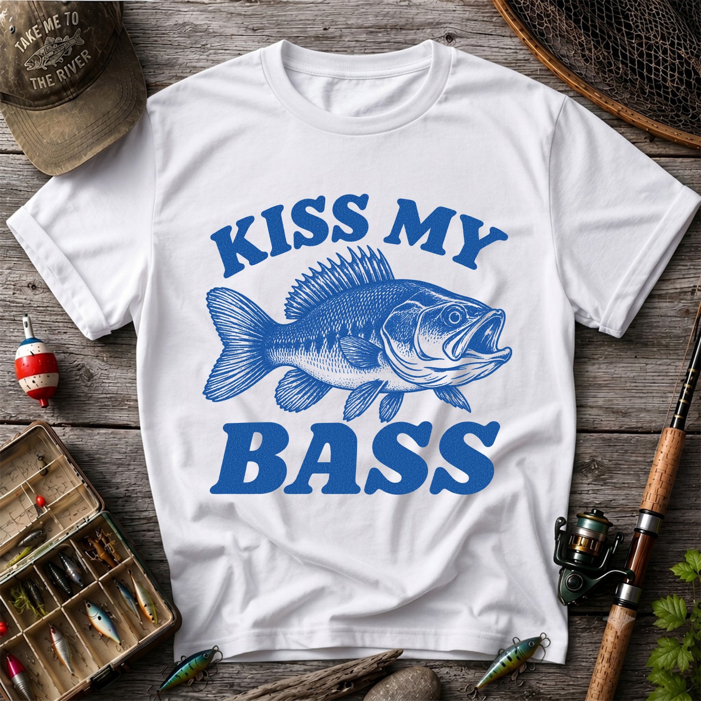 Kiss My Bass Blue Bass Funny Fishing Graphic T-Shirt