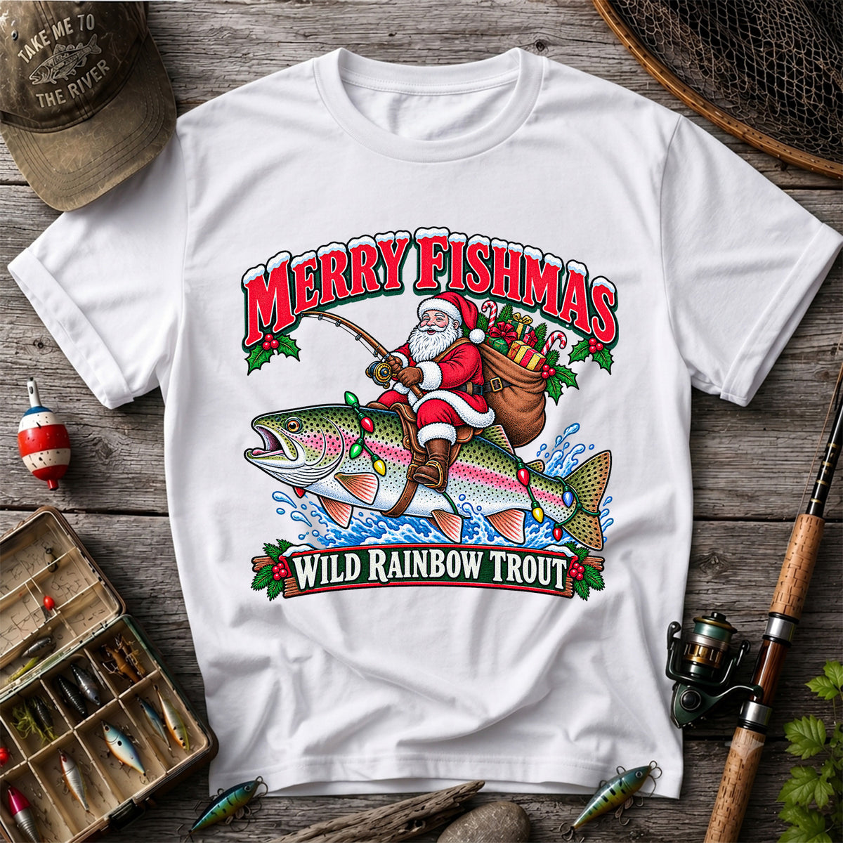 Merry Fishmas Santa Riding a Wild Rainbow Trout Christmas Fishing T-Shirt