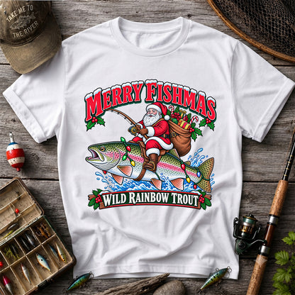 Merry Fishmas Santa Riding a Wild Rainbow Trout Christmas Fishing T-Shirt