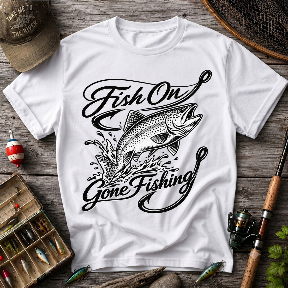 Fish On Gone Fishing Jumping Trout Graphic T-Shirt
