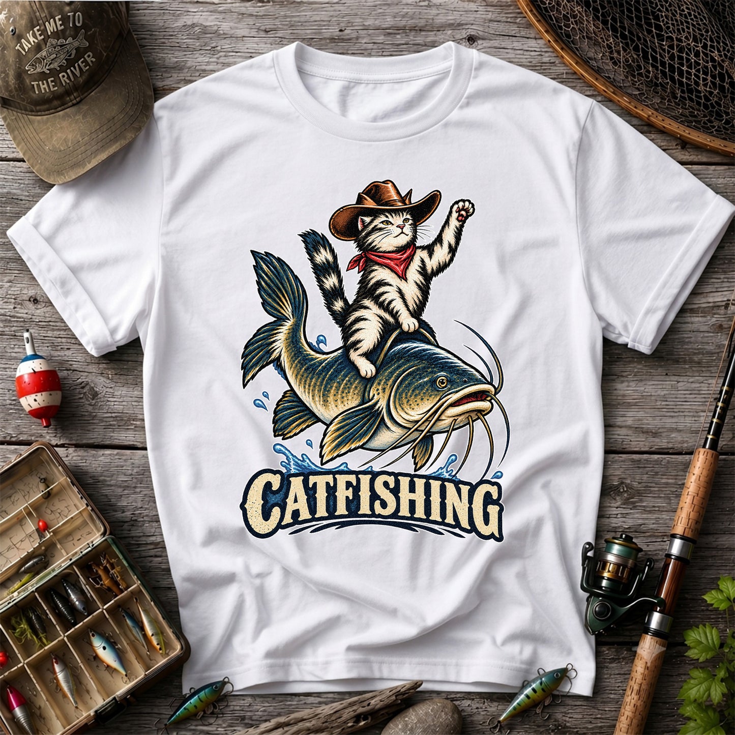 Catfishing Cowboy Cat Riding a Catfish Graphic T-Shirt
