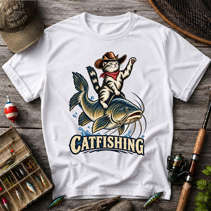Catfishing Cowboy Cat Riding a Catfish Graphic T-Shirt