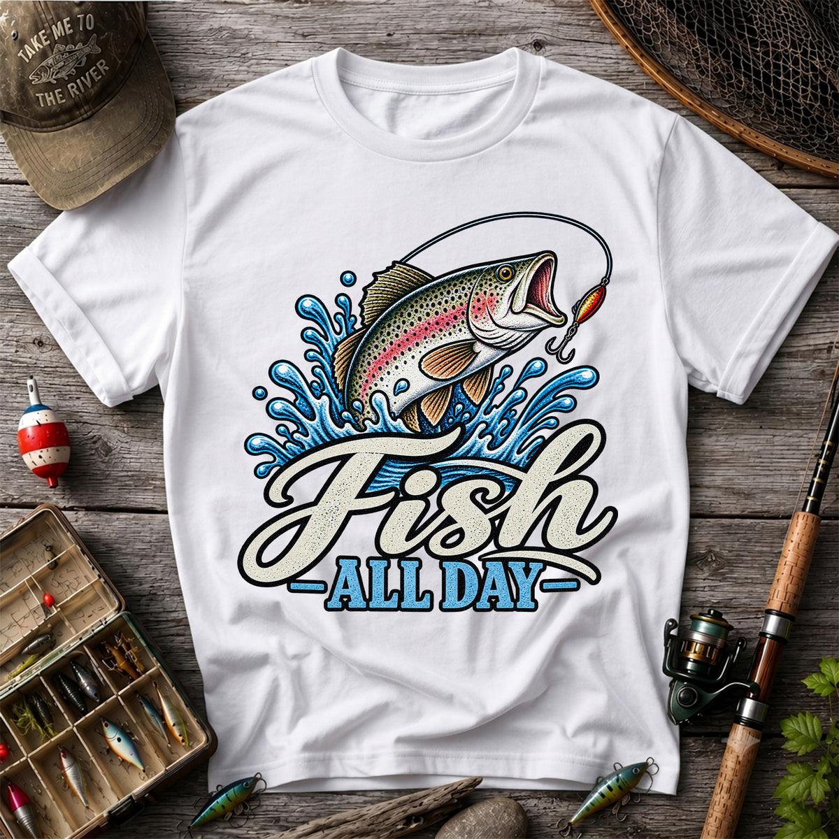 Fish All Day Jumping Rainbow Trout Fishing Graphic T-Shirt