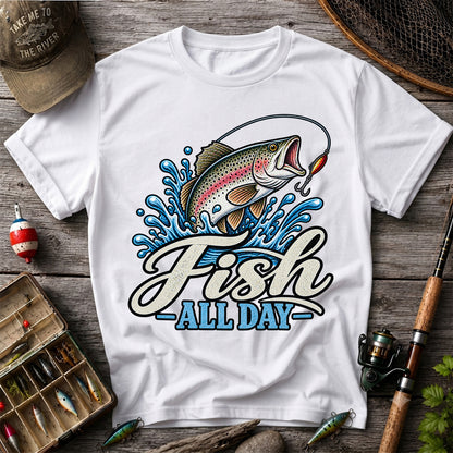 Fish All Day Jumping Rainbow Trout Fishing Graphic T-Shirt