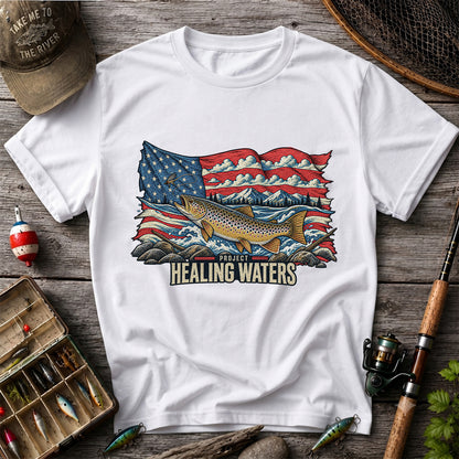 Healing Waters American Flag Brown Trout Fishing Graphic T-Shirt