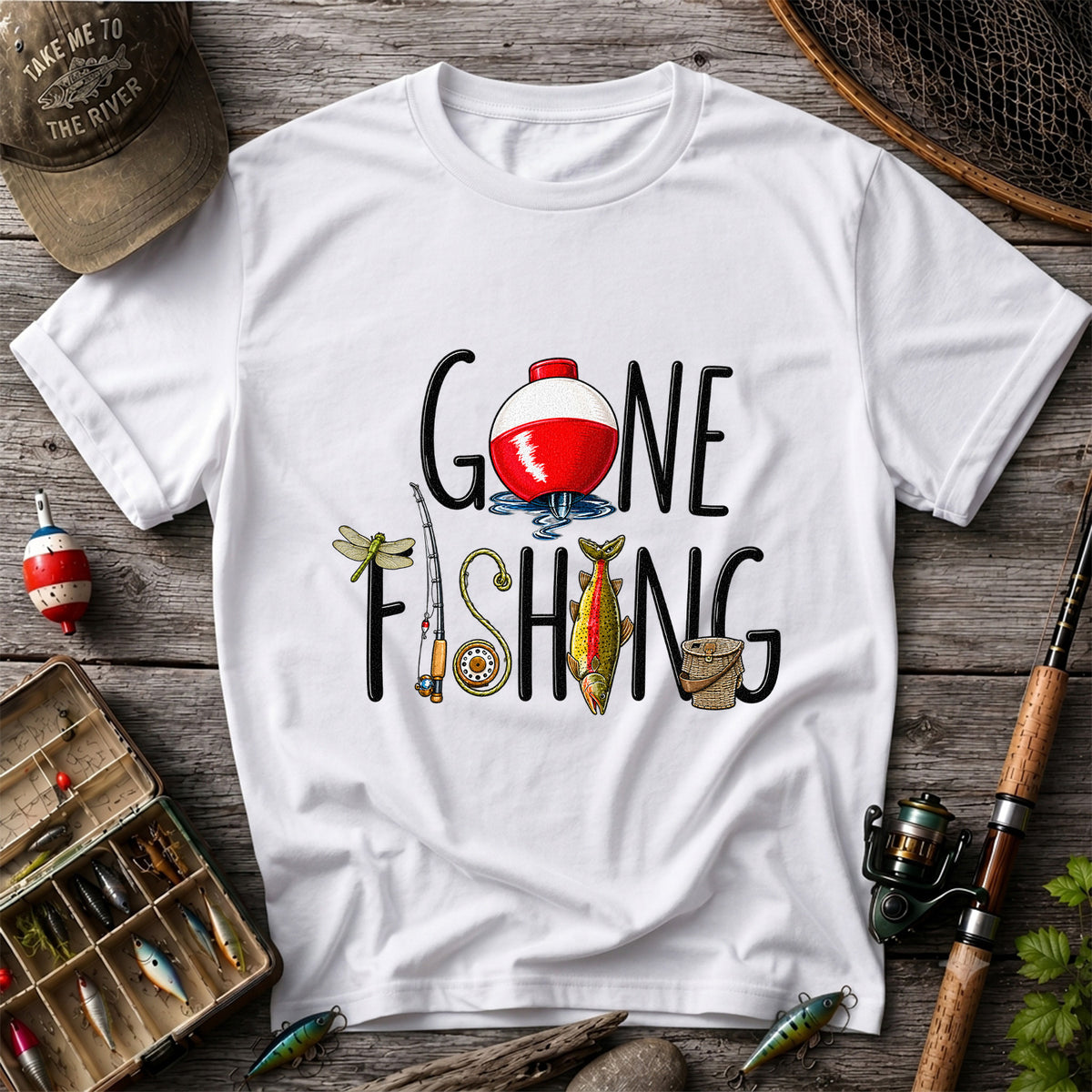 Gone Fishing Bobber Rod and Lure Graphic T-Shirt
