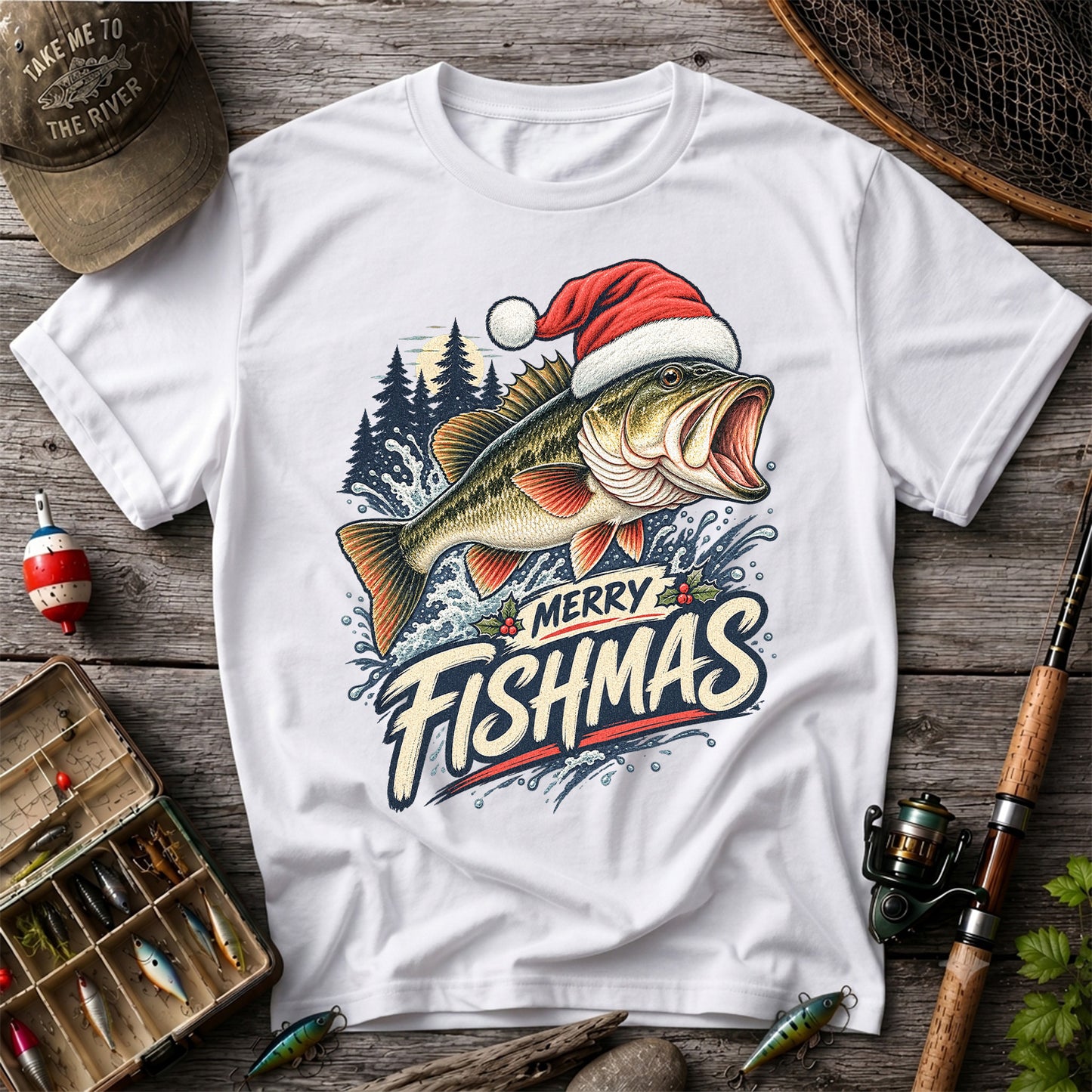 Merry Fishmas Santa Hat Largemouth Bass Fishing T-Shirt