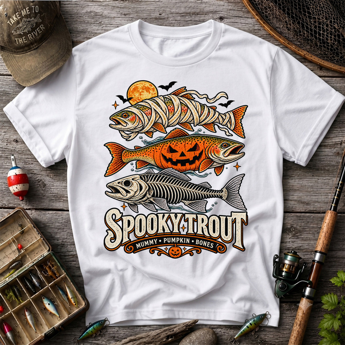 Spooky Trout Mummy Pumpkin Bones Halloween Fishing T-Shirt