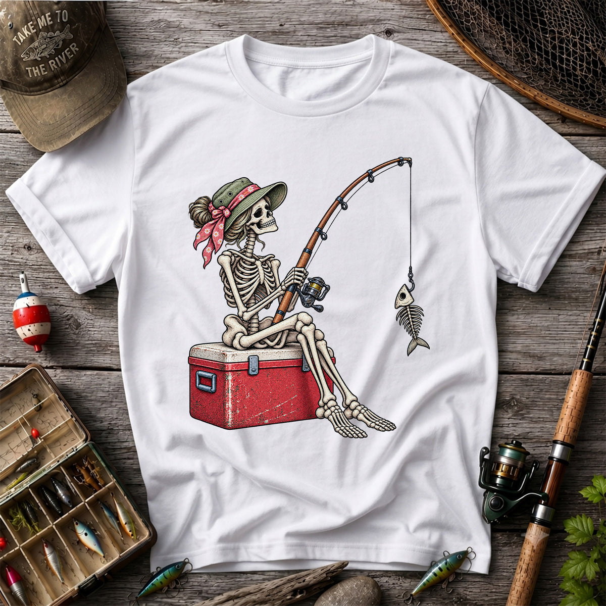 Skeleton Woman Fishing on a Cooler with Fish Bones Graphic T-Shirt