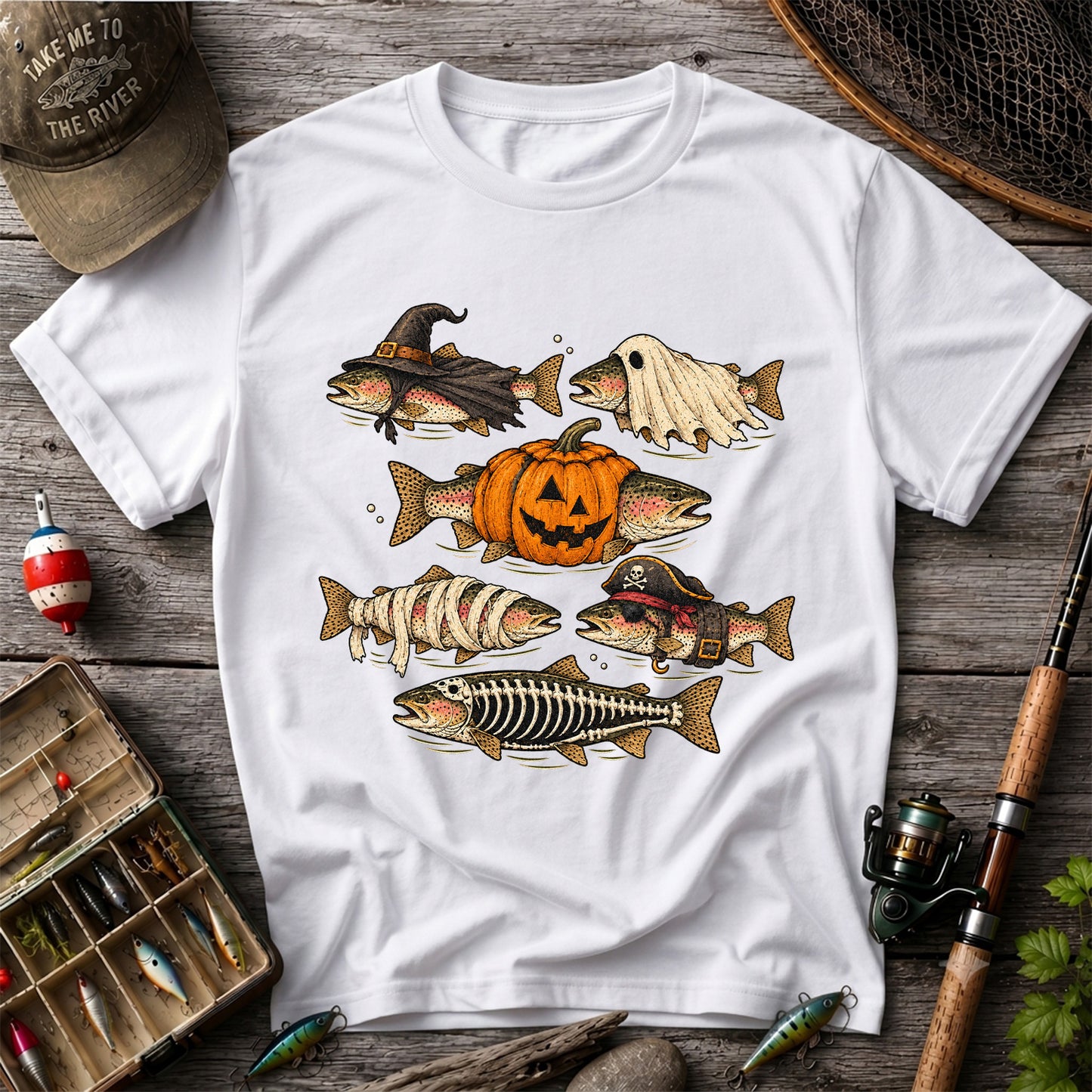 Rainbow Trout Halloween Costumes Witch Ghost Pumpkin Mummy Pirate Skeleton Fishing T-Shirt