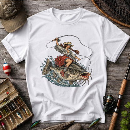 Cowgirl Riding a Largemouth Bass Fishing Graphic T-Shirt