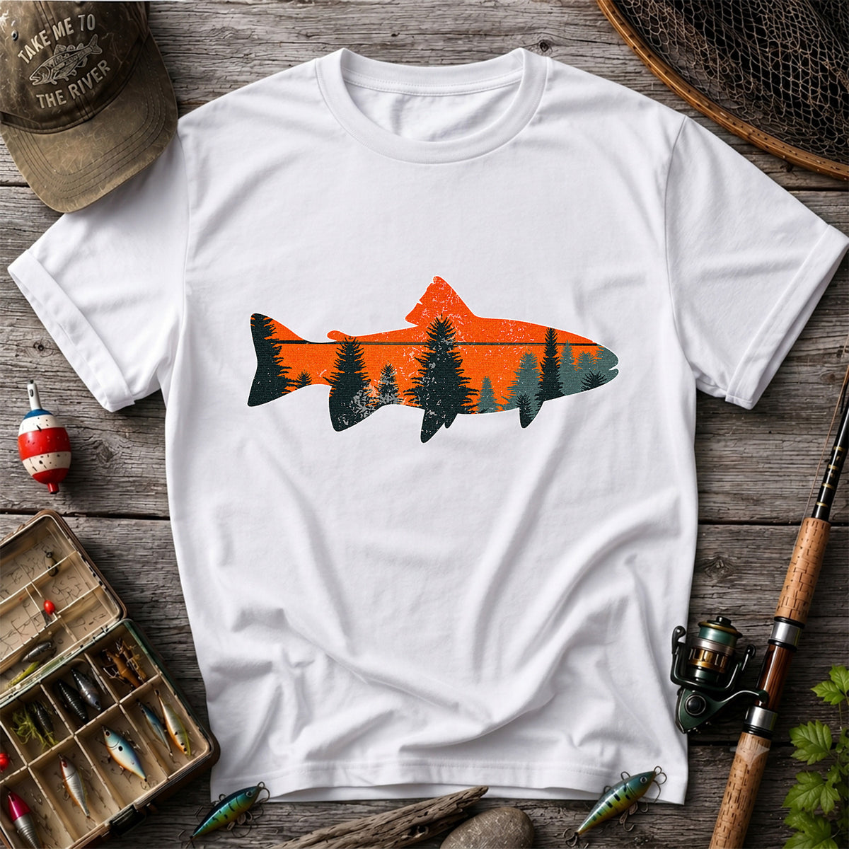 Trout with Mountain Sunset and Pine Forest Fishing Graphic T-Shirt