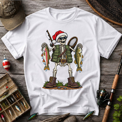 Santa Hat Skeleton Holding Trout and Bass Christmas Fishing T-Shirt