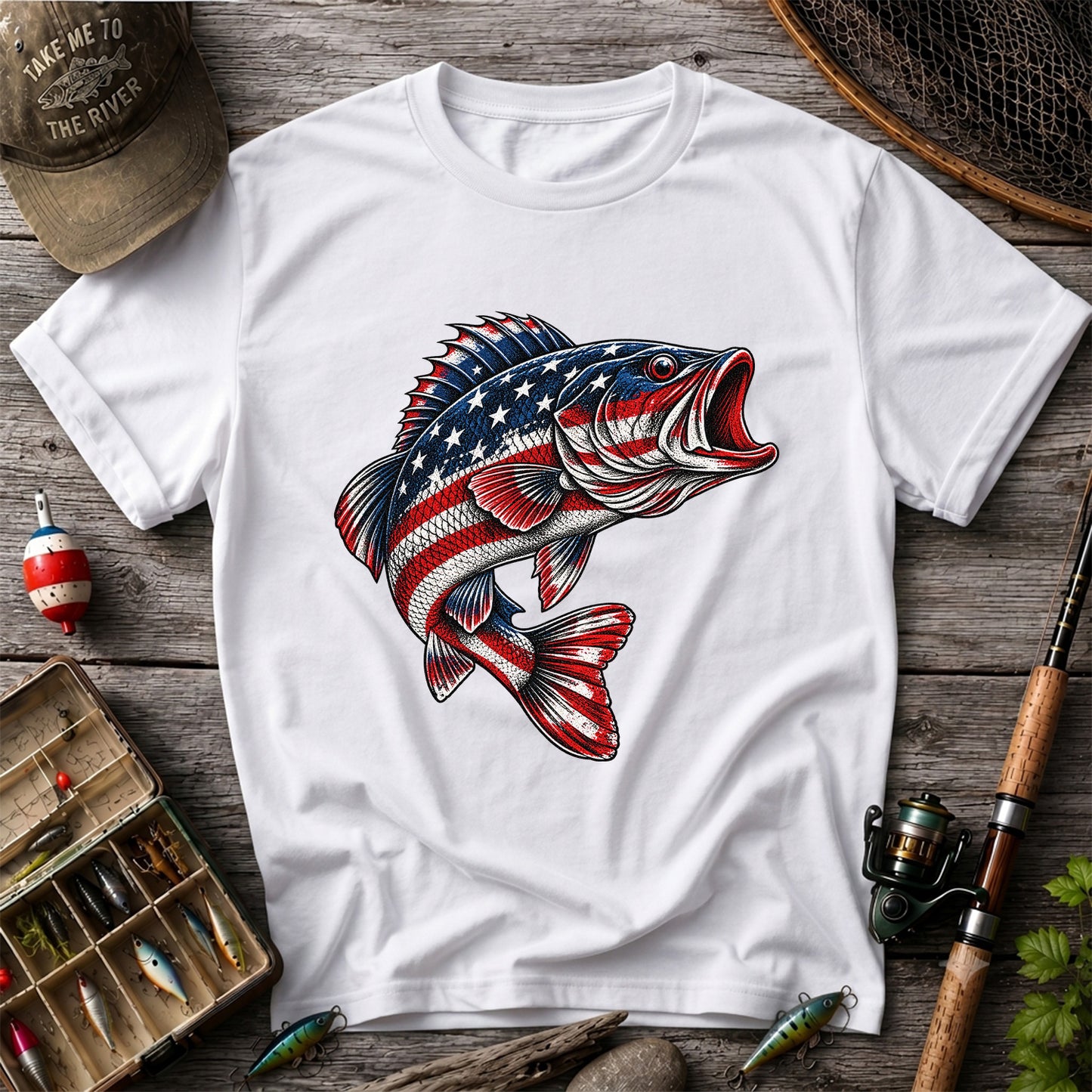 American Flag Largemouth Bass Patriotic Fishing Graphic T-Shirt