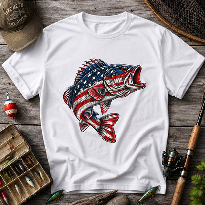 American Flag Largemouth Bass Patriotic Fishing Graphic T-Shirt