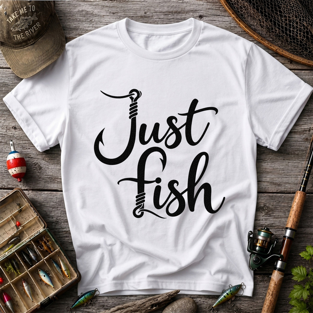 Just Fish Funny Fishing Hook Graphic T-Shirt
