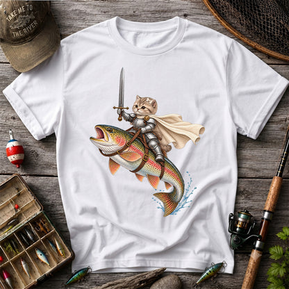 Cat Knight Riding a Rainbow Trout Fishing Graphic T-Shirt