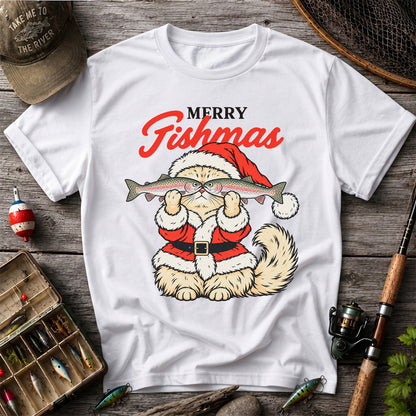 Santa Cat Holding Trout Merry Christmas Fishing T-Shirt