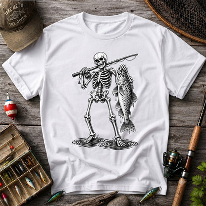 Skeleton Angler Holding a Trout Fishing Graphic T-Shirt