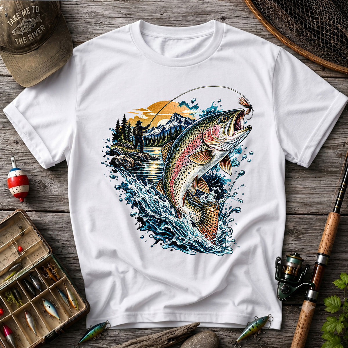 Leaping Rainbow Trout Mountain River Fly Fishing Graphic T-Shirt