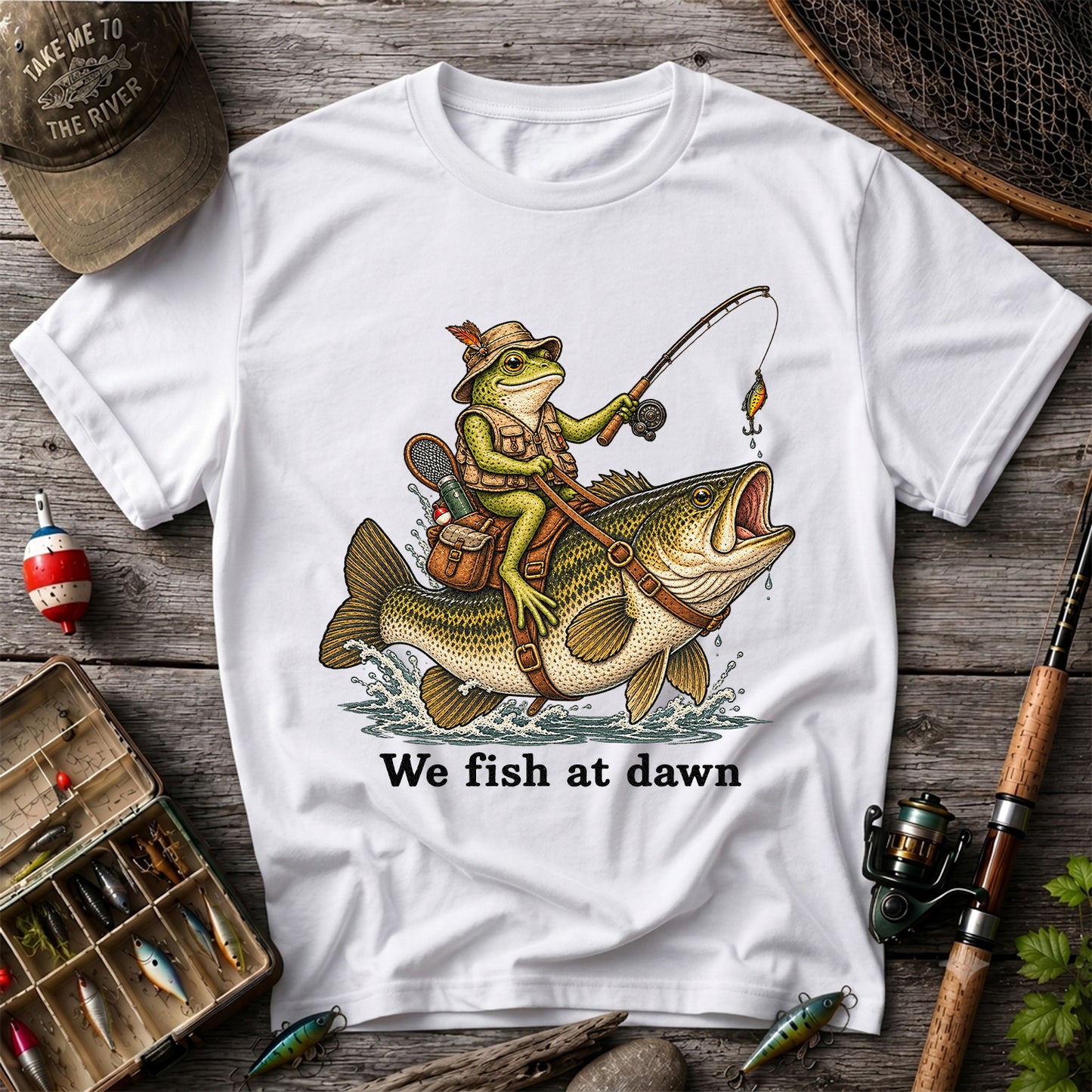 We Fish at Dawn Frog Riding Largemouth Bass Funny Fishing T-Shirt