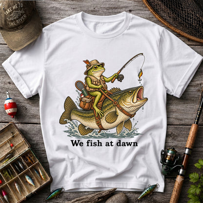 We Fish at Dawn Frog Riding Largemouth Bass Funny Fishing T-Shirt