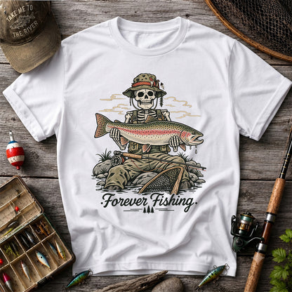 Forever Fishing Skeleton Holding Rainbow Trout Graphic T-Shirt
