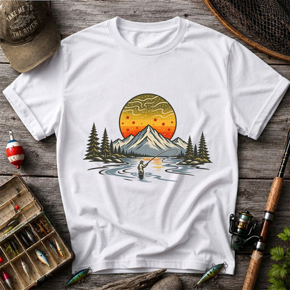 Mountain Sunset Fly Fishing Angler Graphic T-Shirt