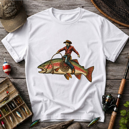 Cowboy Riding Rainbow Trout T-Shirt Vintage Western Fishing Tee