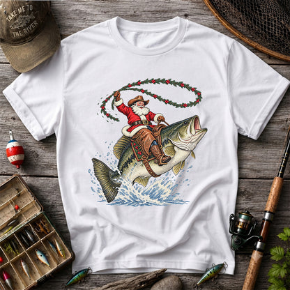 Cowboy Santa Riding a Jumping Bass Christmas Fishing Graphic T-Shirt