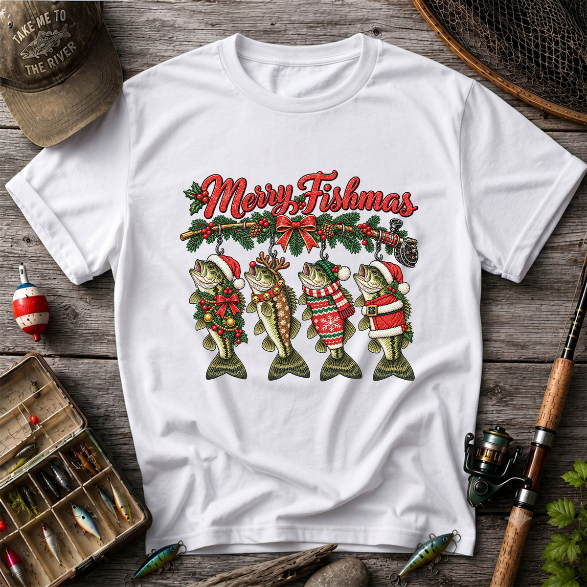 Merry Fishmas Christmas Bass Fishing Graphic T-Shirt