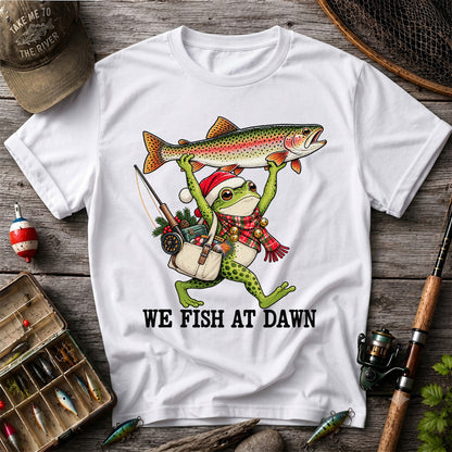 Frog Holding Rainbow Trout Fishing at Dawn Graphic T-Shirt