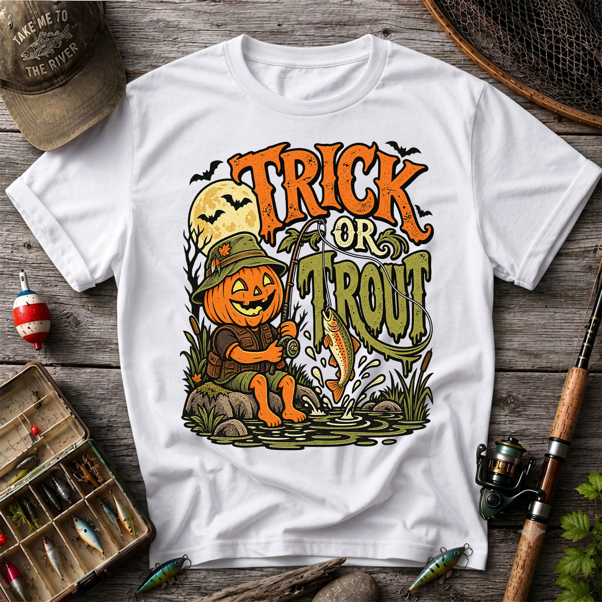 Trick or Trout Pumpkin Angler Halloween Fishing T-Shirt