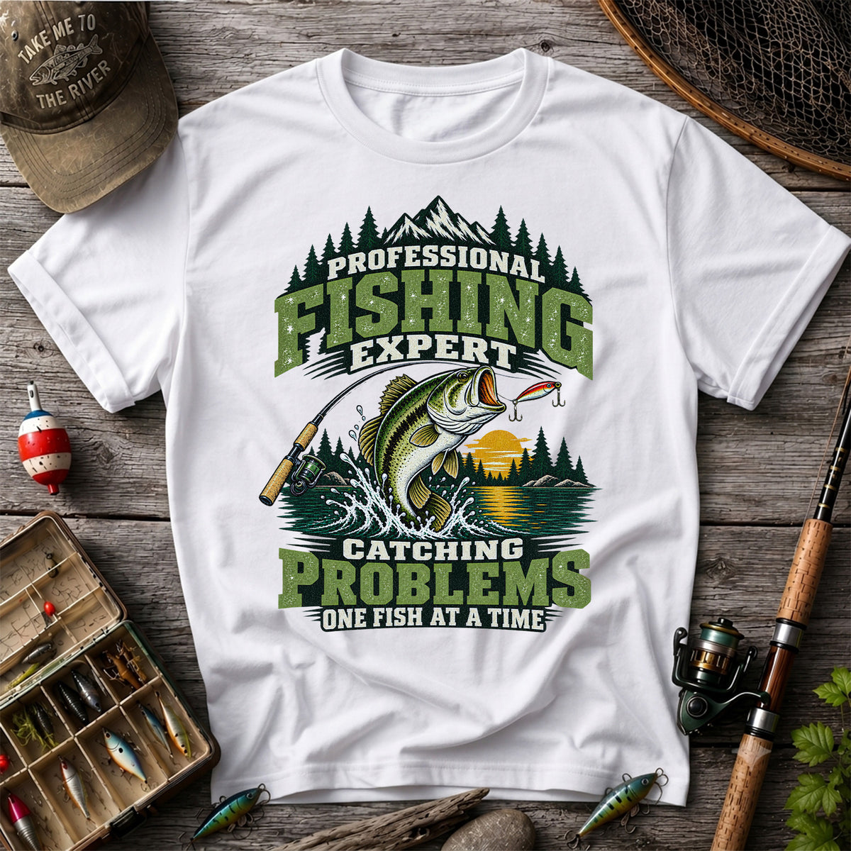 Professional Fishing Expert Catching Problems One Fish at a Time Bass T-Shirt