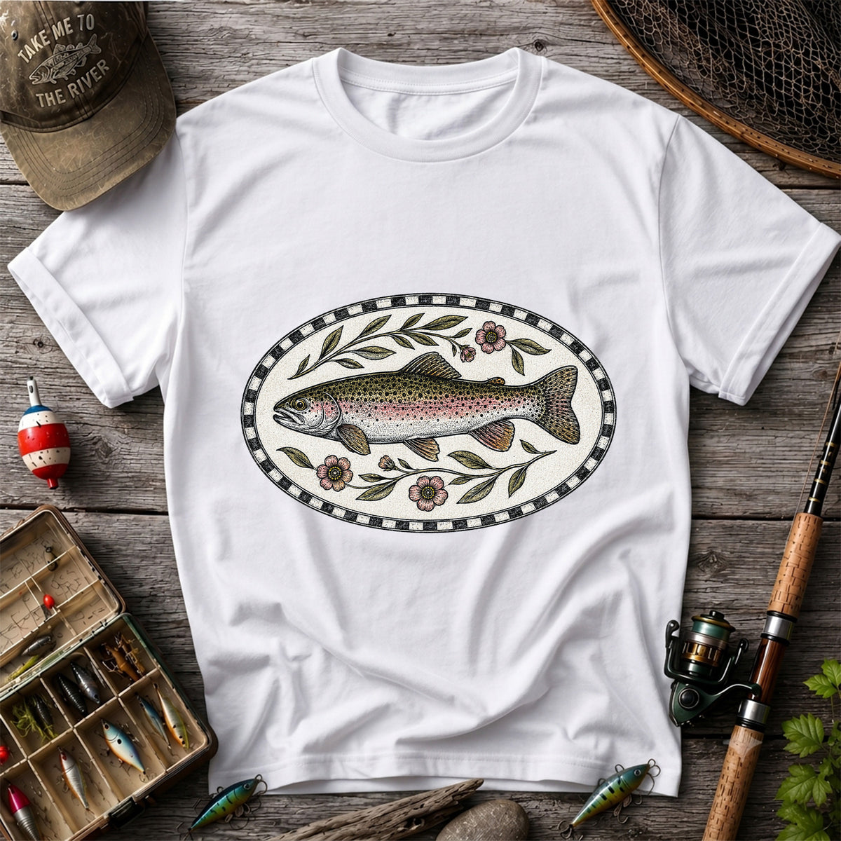 Vintage Floral Rainbow Trout Fishing Graphic T-Shirt