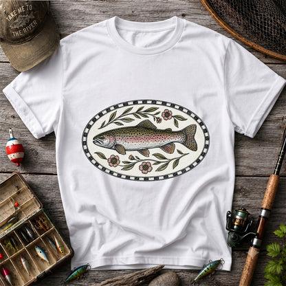 Vintage Floral Rainbow Trout Fishing Graphic T-Shirt