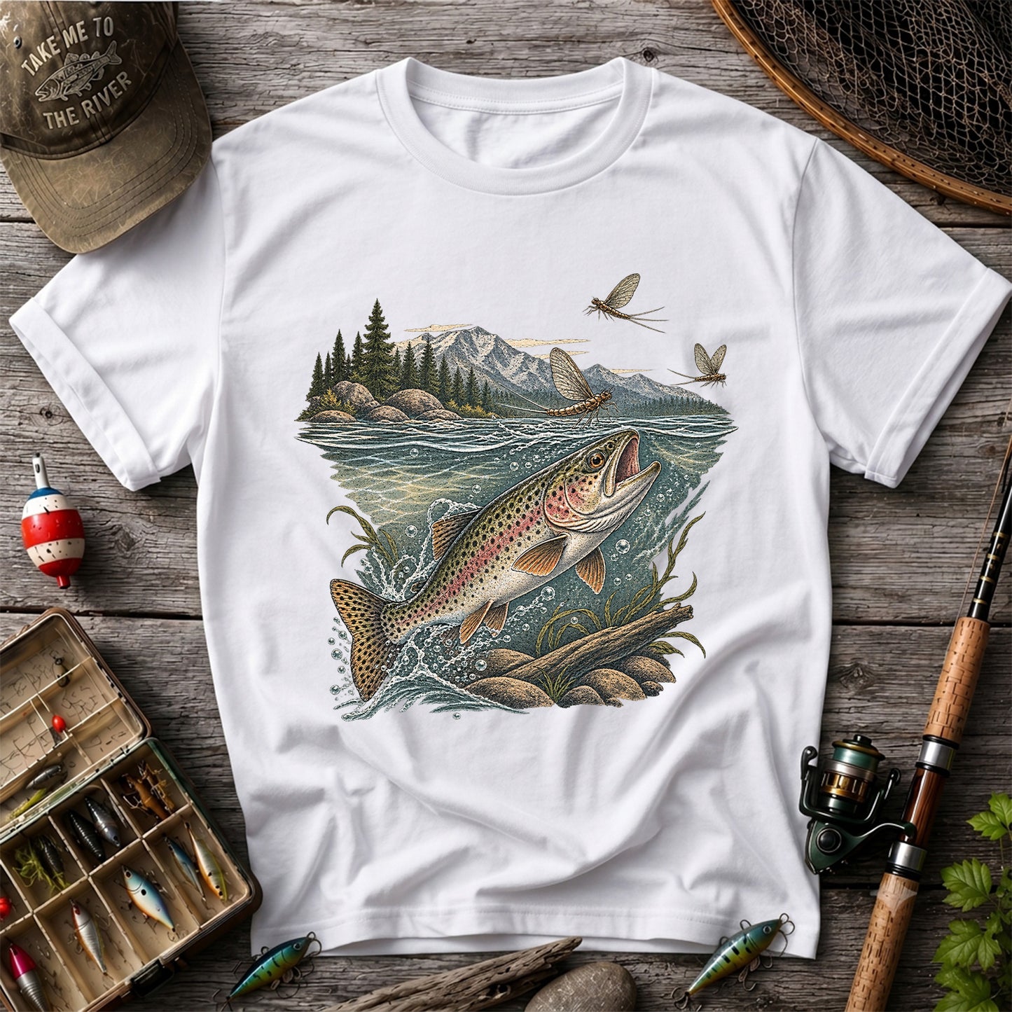 Mountain River Rainbow Trout Fly Fishing Graphic T-Shirt